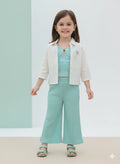 Girls' 3-Piece Mint Ribbed Co-ord – Cream Button-Up Jacket, Crop Top & Wide-Leg Pants