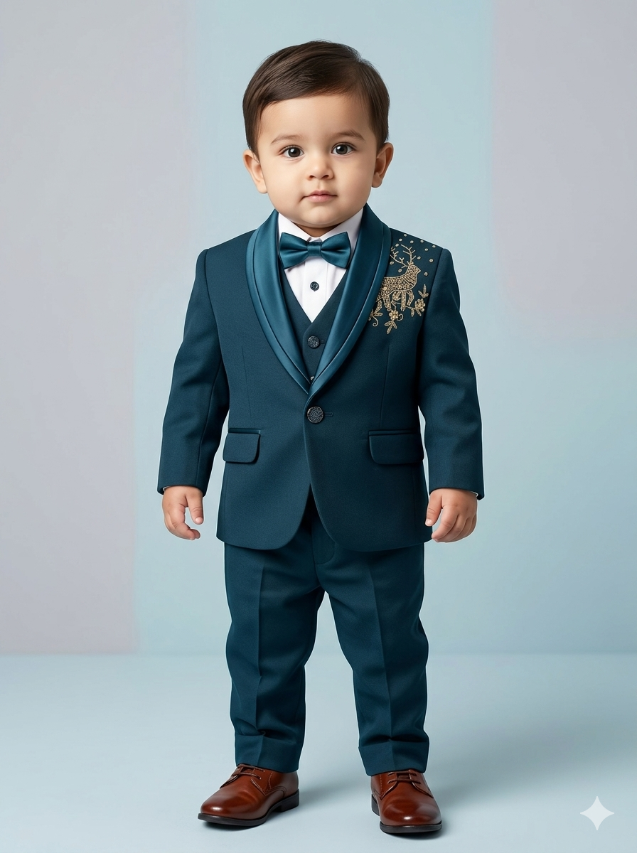 1-year-old baby boy wearing a premium teal blue tuxedo with gold Aari deer embroidery on the shoulder and satin shawl lapels.