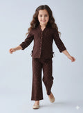 Girls' Chocolate Brown Polka Dot Co-ord – Lace Detail Shirt & Flared Trousers