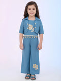 Girls' Dusty Blue 3-Piece Floral Set – Cropped Jacket, Embroidered Top & Wide-Leg Trousers