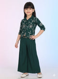 Girls' Emerald Green Embroidered Co-ord Set – Floral Button-Down & Pleated Wide-Leg Trousers