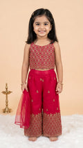 Girls' Maroon & Gold Embroidered Top and Palazzo Set