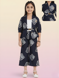 Girls' Navy Geometric Print 3-Piece Set – Peplum Jacket with Belt & Wide-Leg Culottes