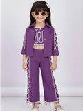 Girls Purple 3-Piece Ethnic Co-ord Set with Embroidered Jacket & Shell Detail
