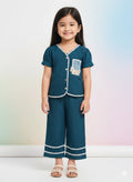 Girls Teal Blue V-Neck Co-ord Set with White Scalloped Trim & Floral Pocket