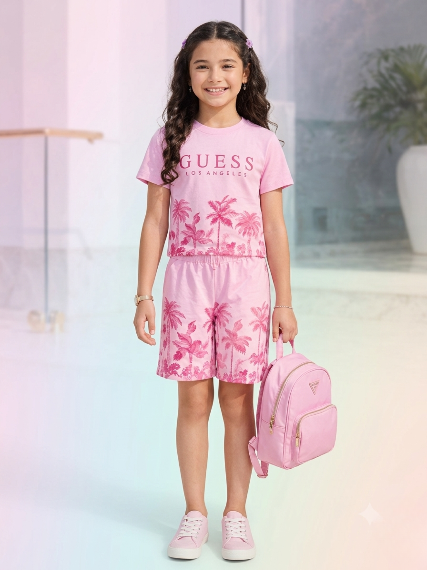 a smiling girl holds a matching backpack while wearing a light pink short-sleeve t-shirt and shorts set decorated with deep pink tropical palm tree prints.