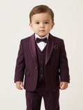Baby boy wearing wine premium formal suit set with matching blazer, waistcoat, bow tie, and pants for partywear occasions.