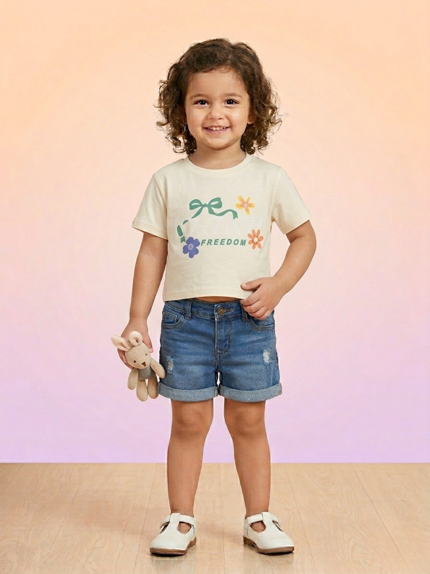 A smiling toddler girl with curly hair wearing a cream-colored short-sleeve tee with "SHINE FREEDOM" and floral illustrations, paired with denim shorts and a small bunny toy.