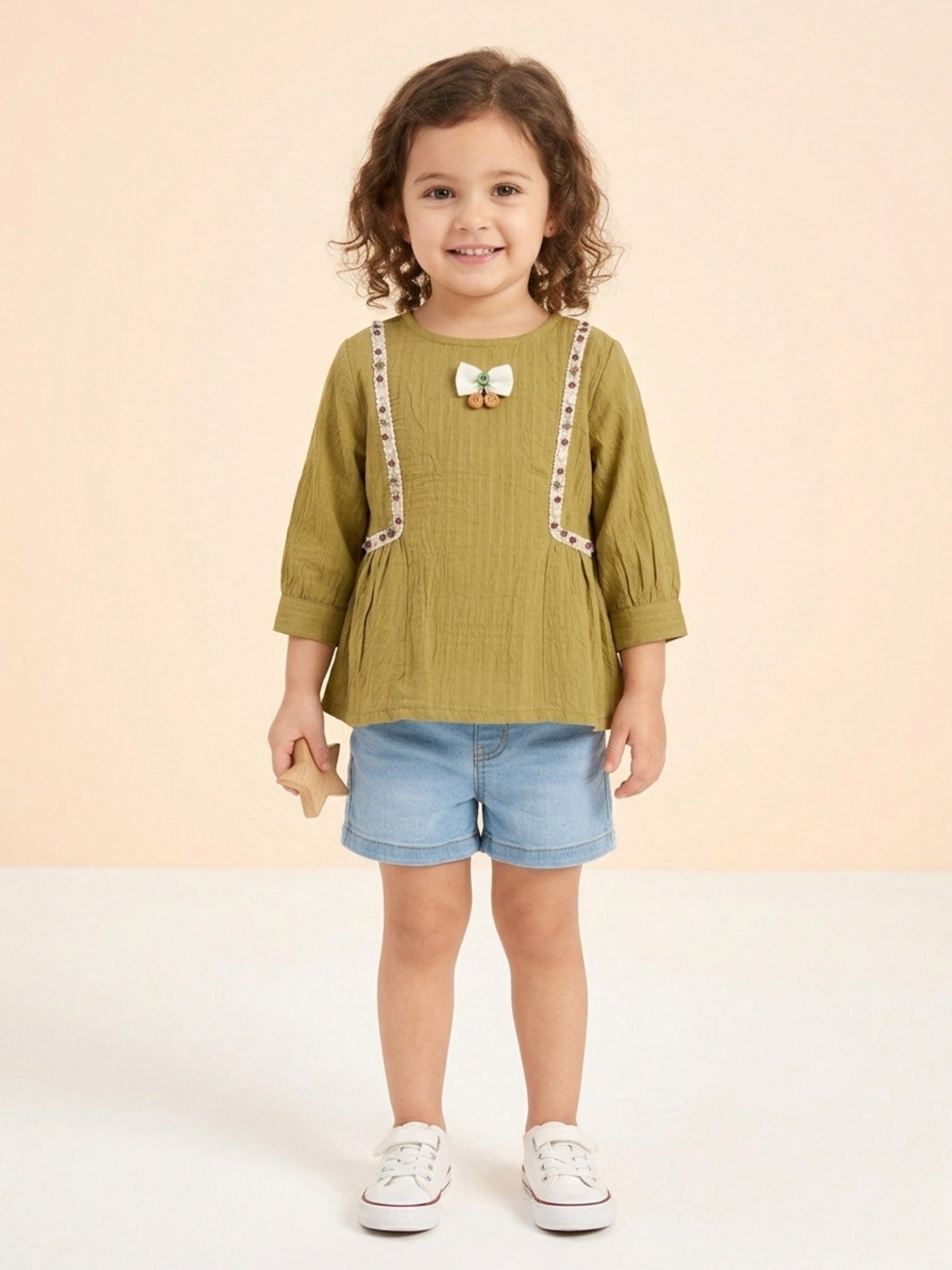 Toddler Girls' Olive Green Muslin Peplum Top – Vintage Lace Detail