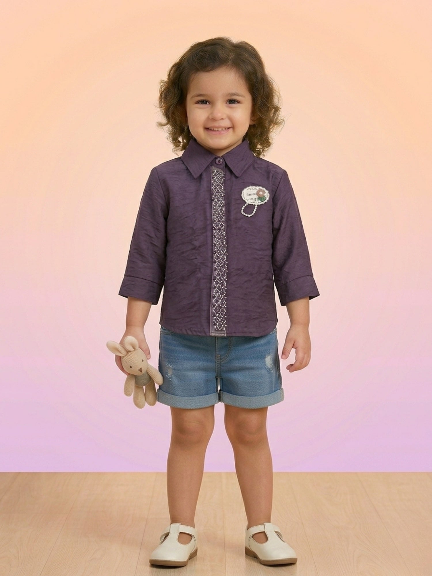 Girls Deep Emerald Green Silk Shirt with Beaded Placket & Pearl Brooch
