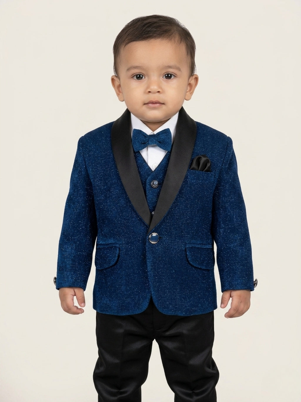 Baby boy wearing royal blue premium formal suit set with textured blazer, black pants, bow tie, and waistcoat for partywear occasions.