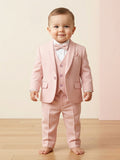 Baby boy wearing blush pink premium formal suit set with matching blazer, waistcoat, bow tie, and pants for partywear occasions.
