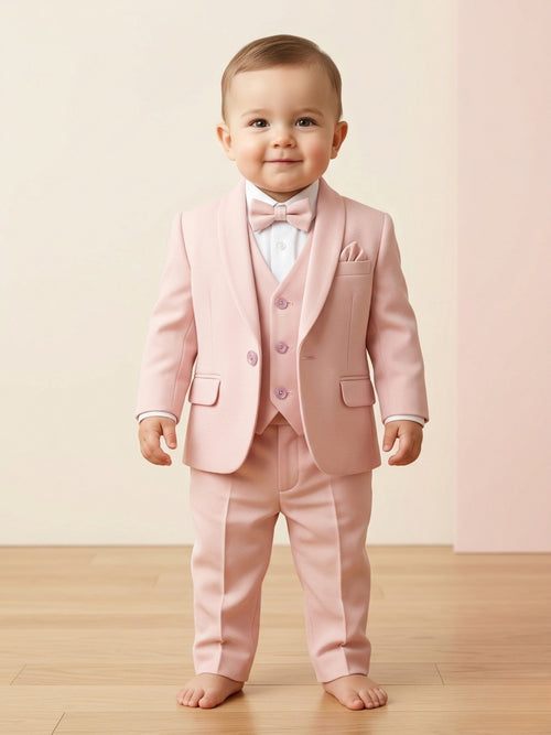 Baby boy wearing blush pink premium formal suit set with matching blazer, waistcoat, bow tie, and pants for partywear occasions.