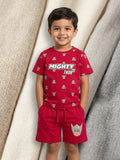 Young boy smiling with hands in pockets wearing a bright red two-piece cotton set with an all-over Mighty Thor helmet and text print.
