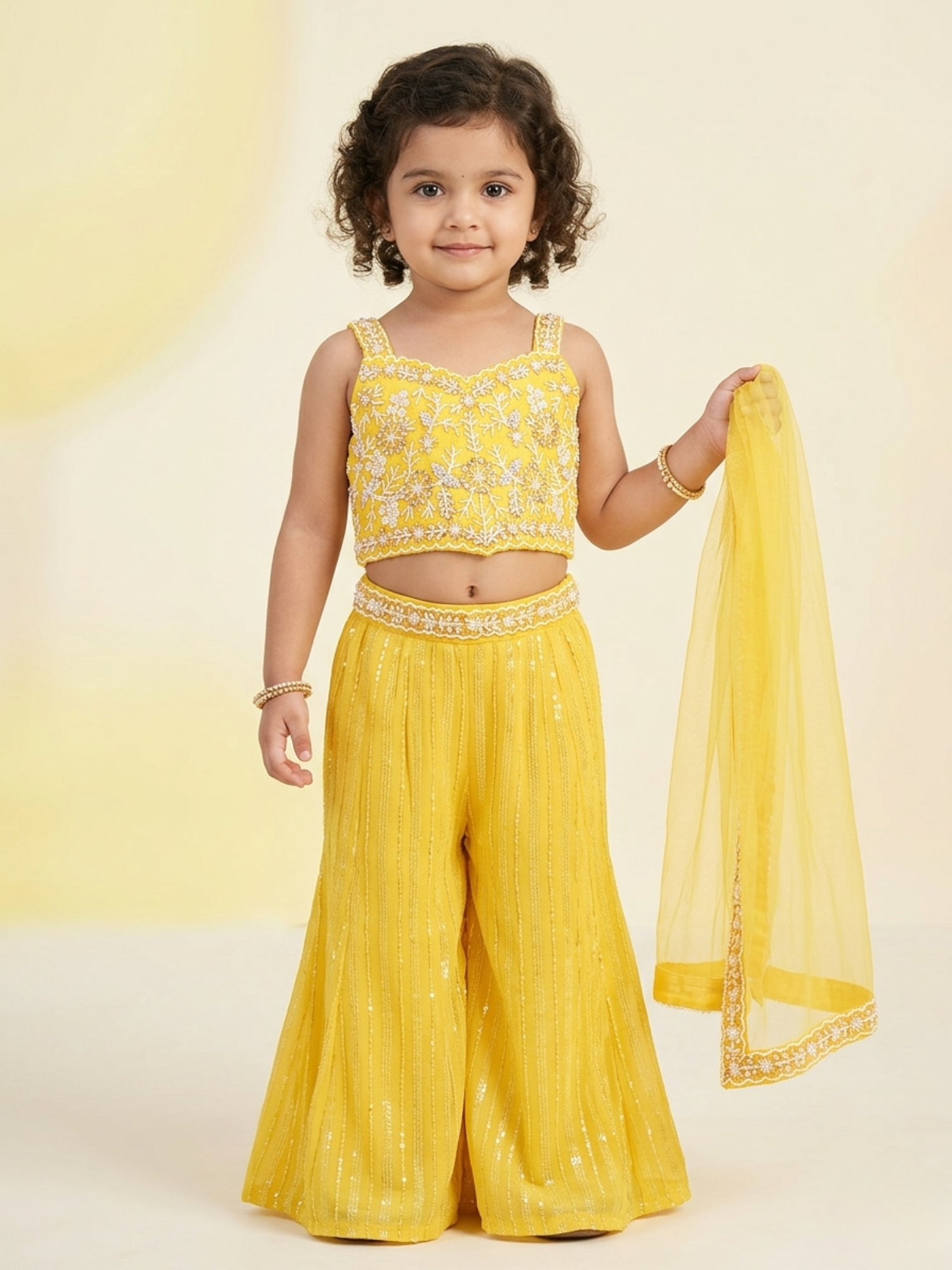 A young girl smiling in a bright yellow sleeveless choli with floral embroidery and matching sequined sharara pants, holding a sheer yellow dupatta.