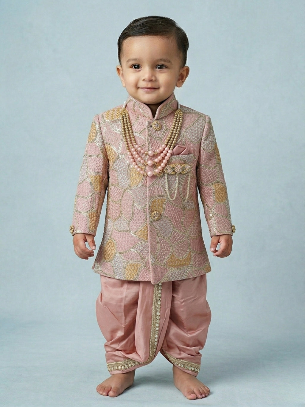 Boys Rose Pink Abstract Mosaic Sherwani Set - Dhoti & Silk Pant Options