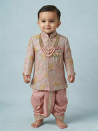 Boys Rose Pink Abstract Mosaic Sherwani Set - Dhoti & Silk Pant Options