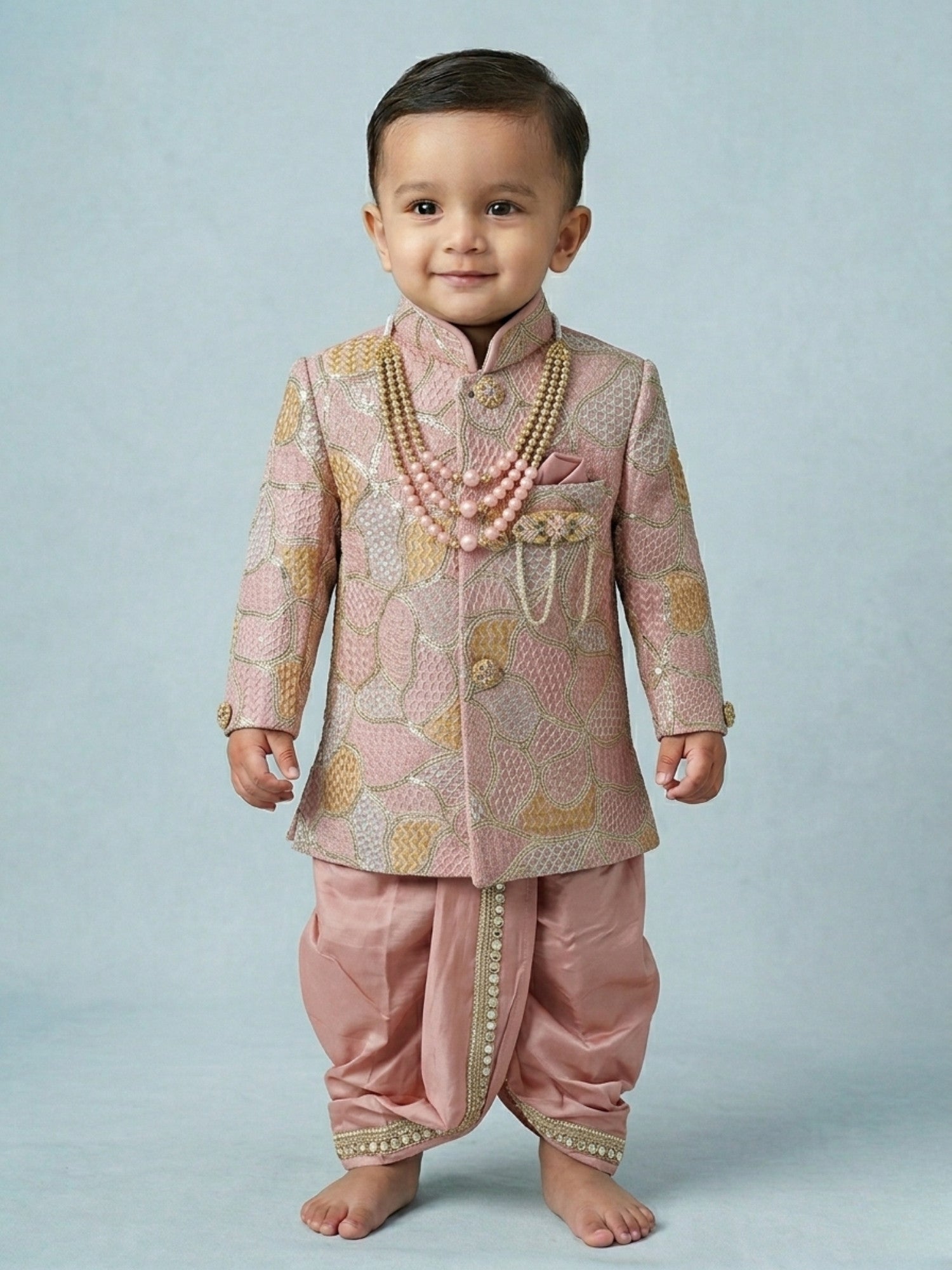Boys Rose Pink Abstract Mosaic Sherwani Set - Dhoti & Silk Pant Options