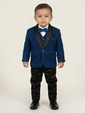 Baby boy wearing navy blue premium formal suit set with matching blazer and pants, white shirt, red bow tie, and pocket square for partywear occasions.