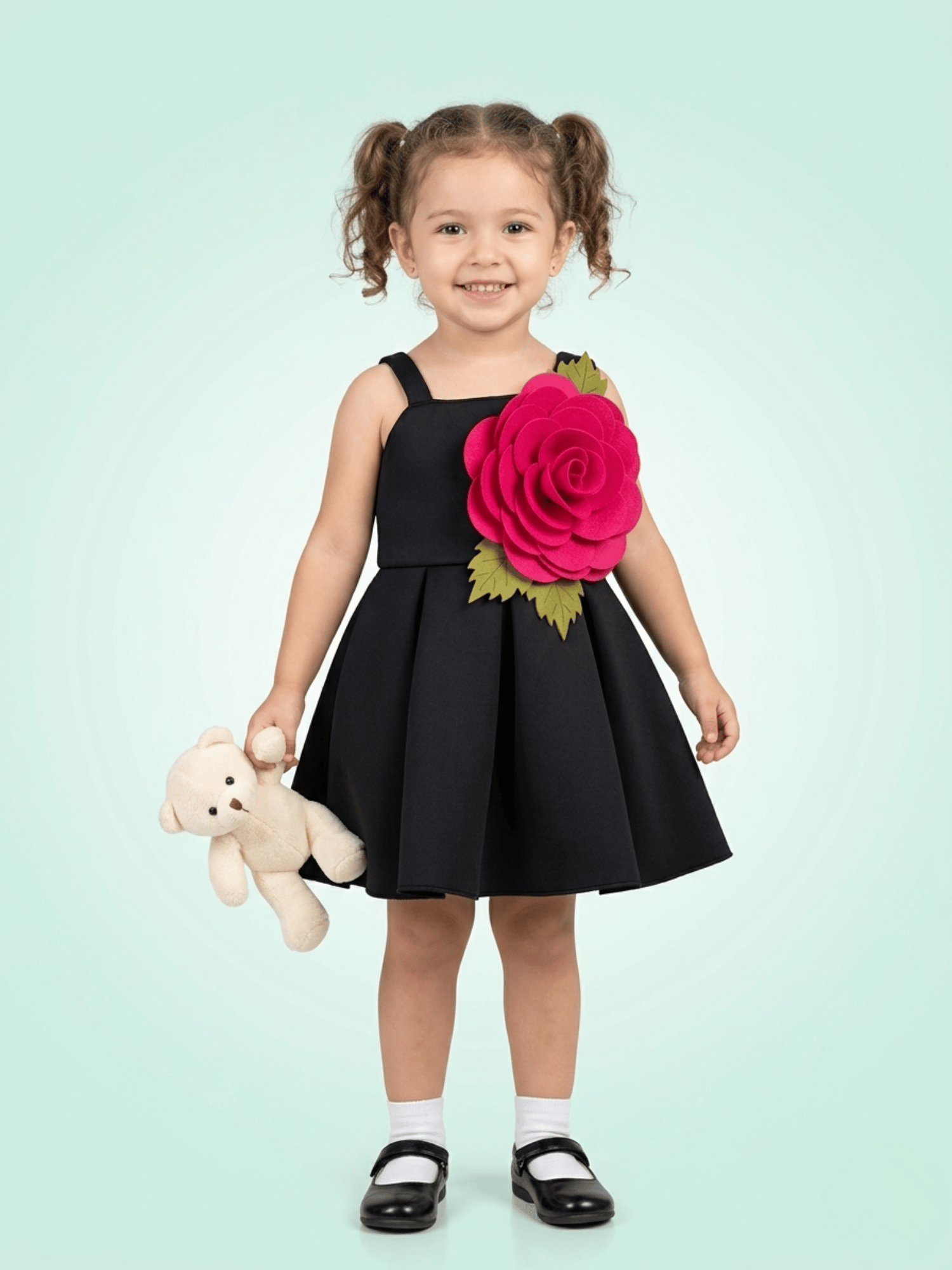 A young girl smiling in a sleeveless, structured black A-line dress featuring a large, layered magenta fabric rose with green leaves on the side, holding a small plush teddy bear against a light mint green gradient background.