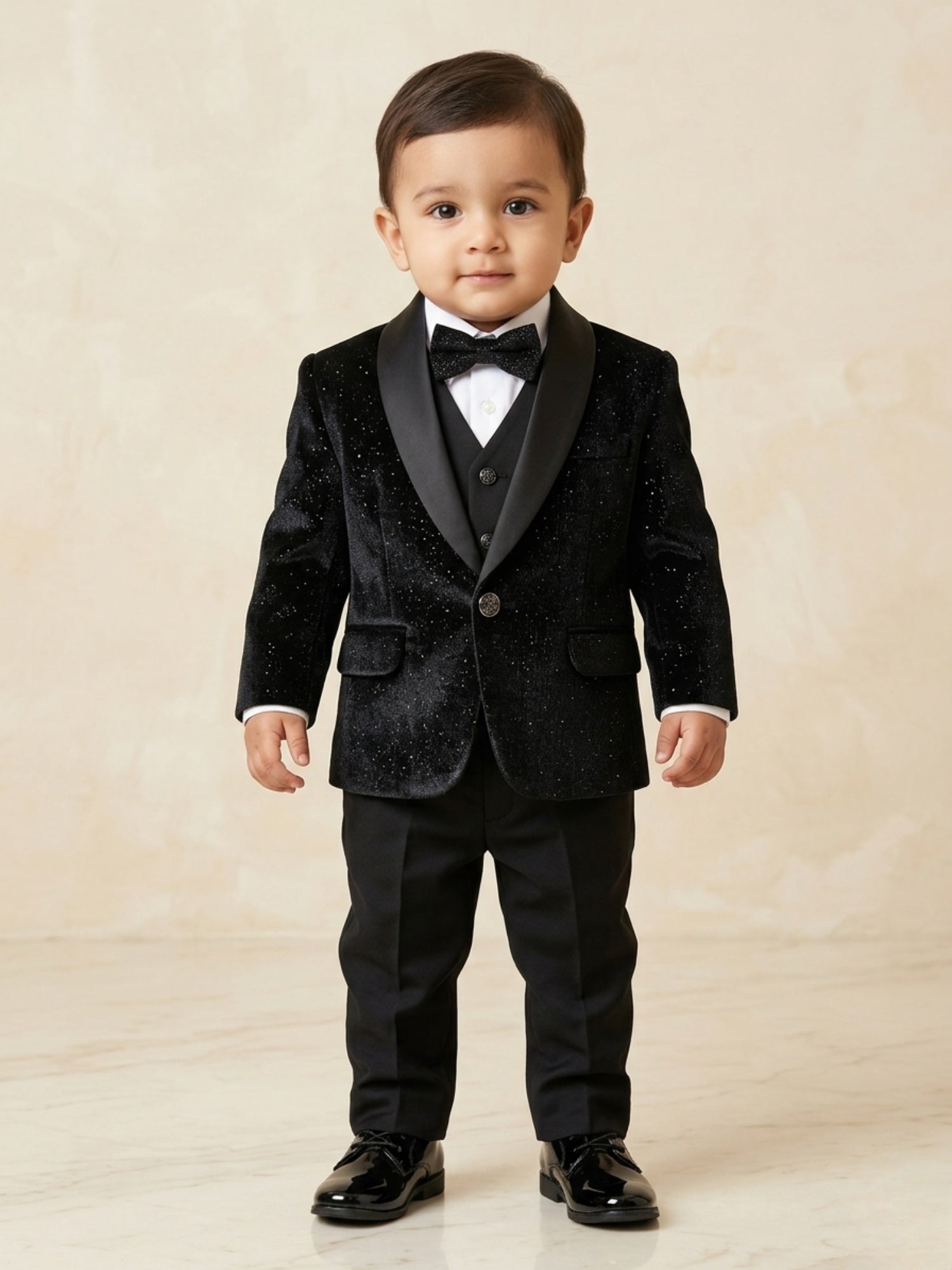 Baby boy posing in a luxury black shimmer tuxedo with glitter texture and black satin shawl lapels for a formal party.