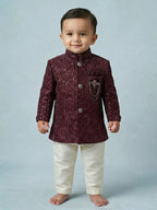 Boys Maroon Velvet Sequin Quilted Sherwani Set - Dhoti & Silk Pant Options