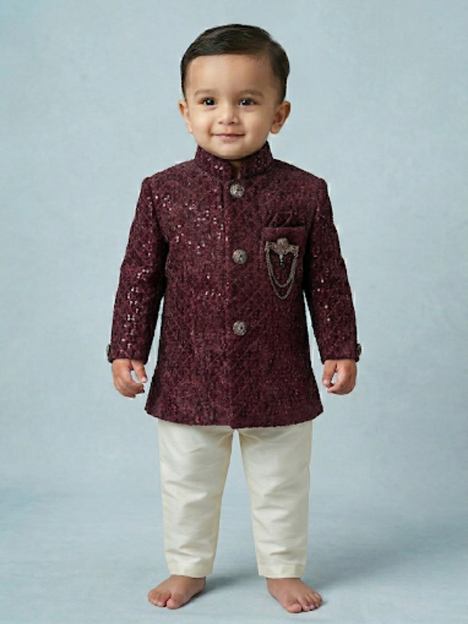 Boys Maroon Velvet Sequin Quilted Sherwani Set - Dhoti & Silk Pant Options