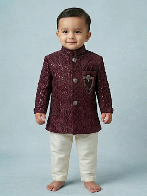 Boys Maroon Velvet Sequin Quilted Sherwani Set - Dhoti & Silk Pant Options