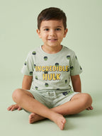 Boys Mint Green Incredible Hulk Printed Cotton T-Shirt & Shorts Set