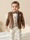 Baby boy wearing brown premium formal suit set with blazer, printed waistcoat, cream pants, and matching bow tie for partywear occasions.