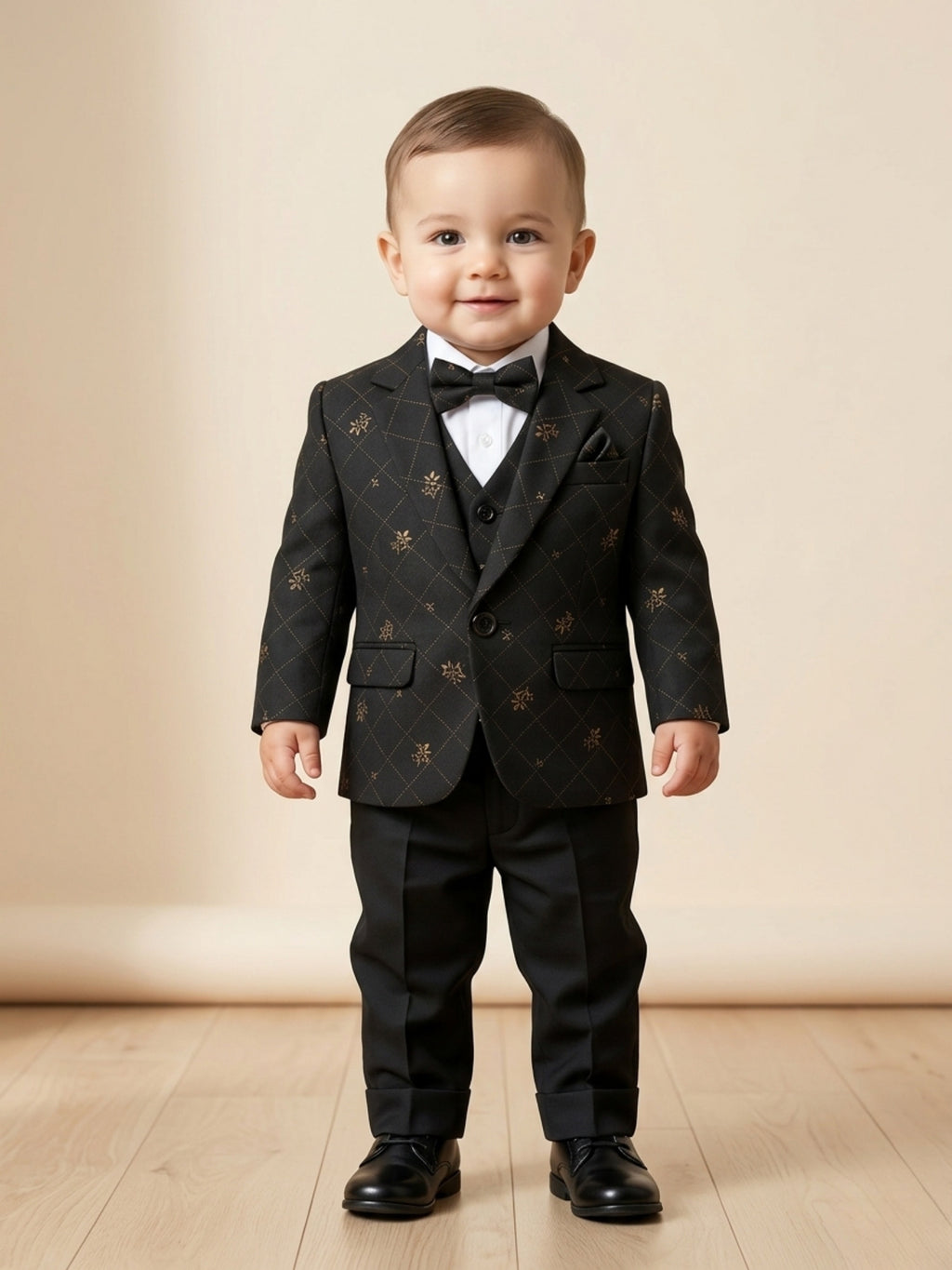 Baby boy wearing black designer formal suit set with patterned blazer, waistcoat, bow tie, and black pants for partywear occasions.