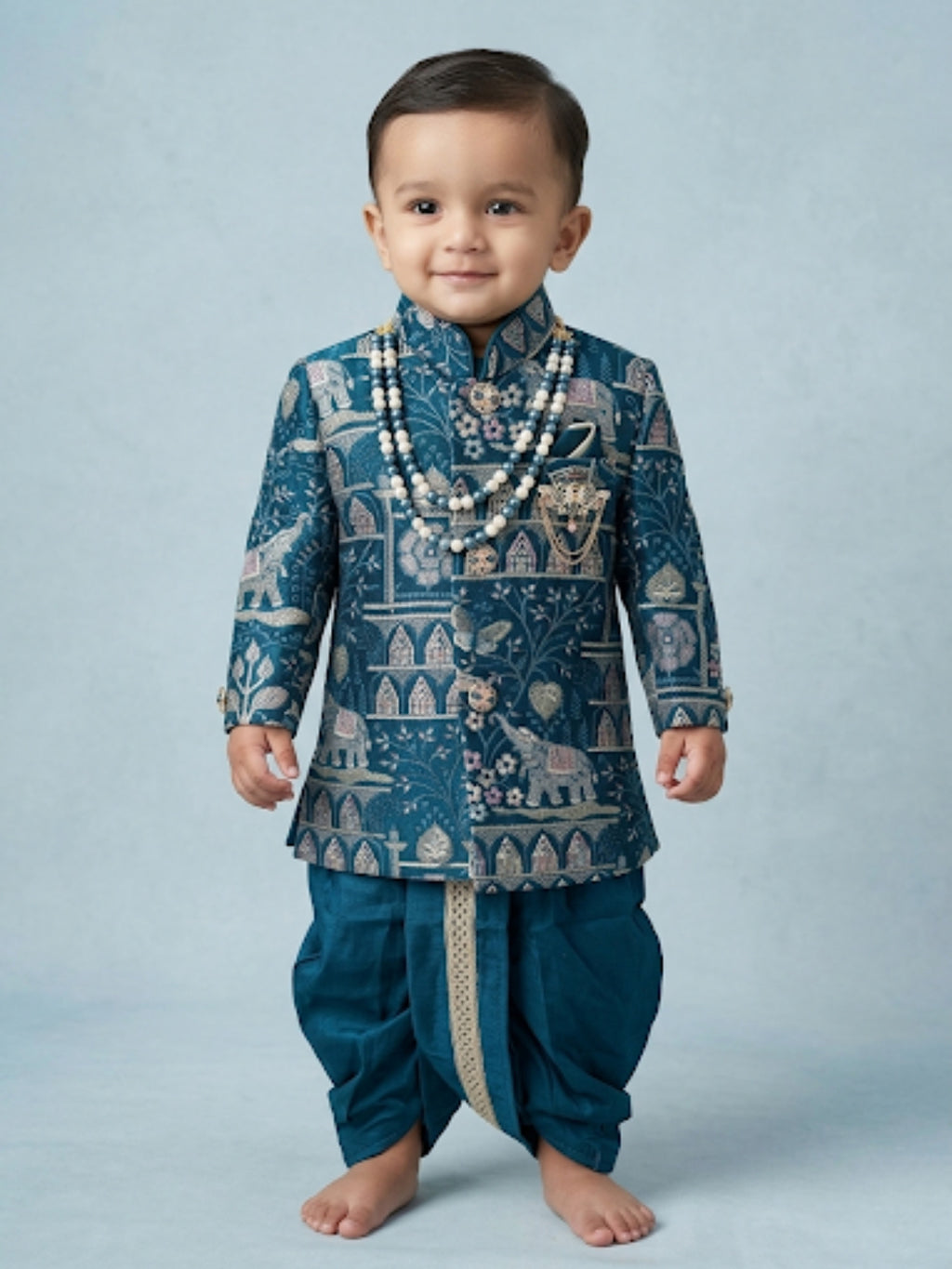 Boys Teal Blue Heritage Elephant Print Sherwani Set - Dhoti or Pant Options