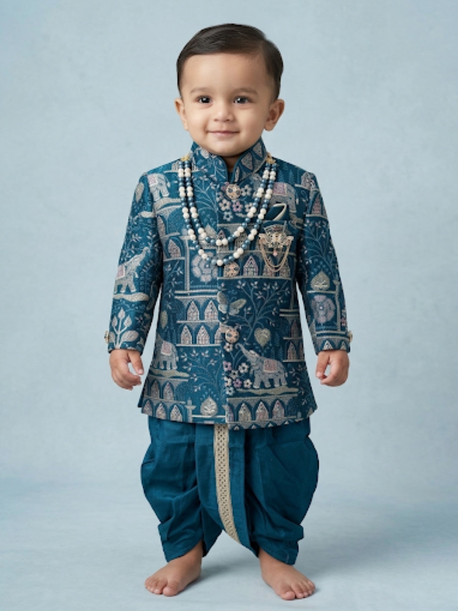 Boys Teal Blue Heritage Elephant Print Sherwani Set - Dhoti or Pant Options