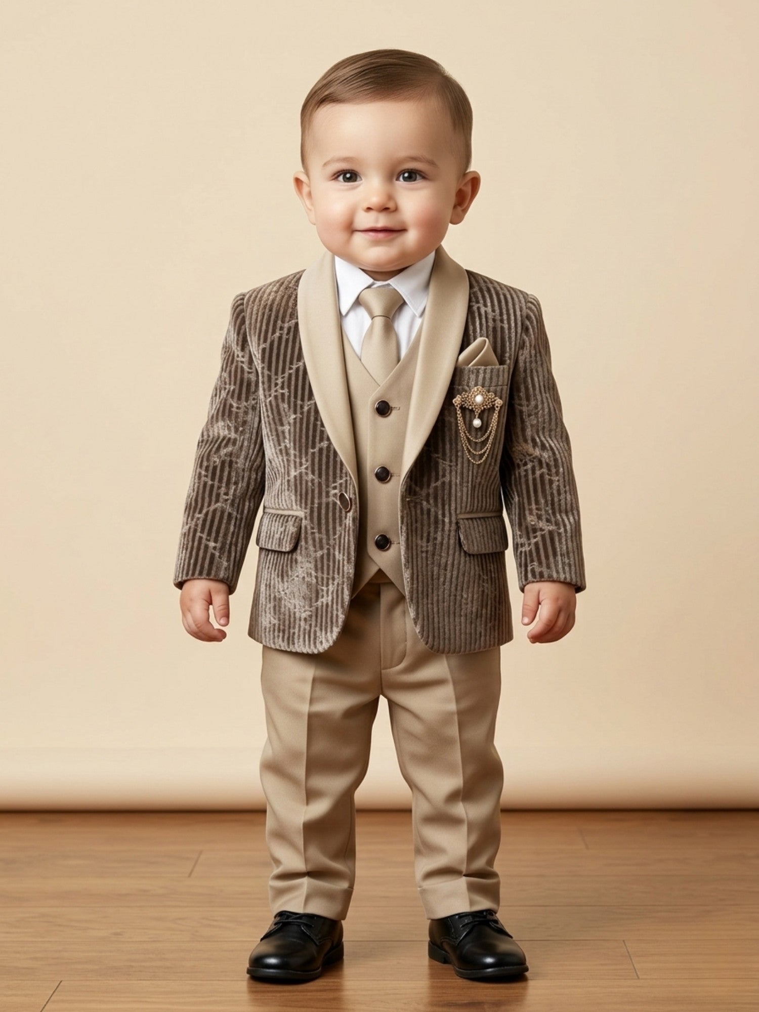 Baby boy wearing taupe velvet premium formal suit set with textured blazer, beige pants, tie, waistcoat, and decorative brooch for partywear occasions.
