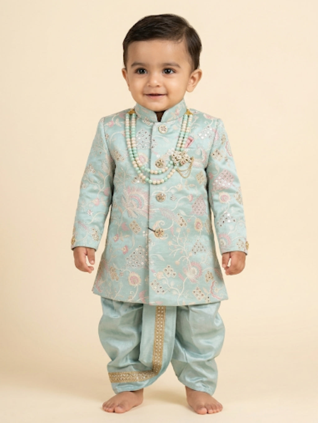 Boys Pastel Mint Embroidered Sherwani Set - Dhoti & Silk Pant Options