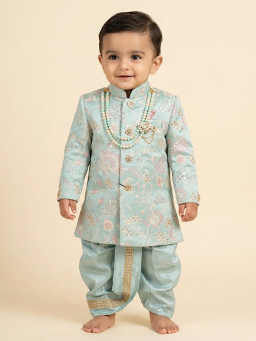 Boys Pastel Mint Embroidered Sherwani Set - Dhoti & Silk Pant Options