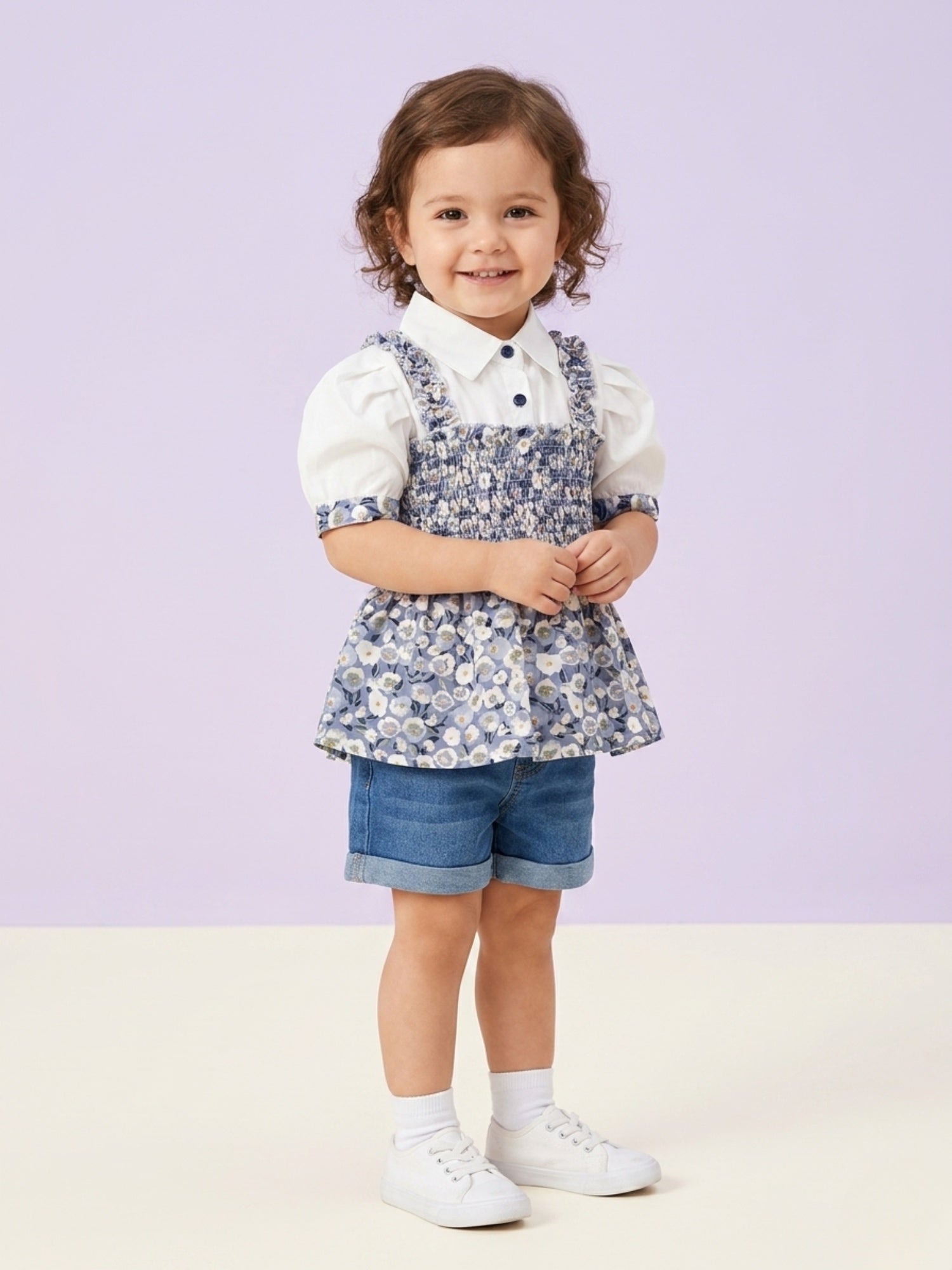 A toddler girl wearing a white short-sleeve puff-sleeve blouse with a built-in blue and white floral smocked bodice overlay, paired with denim shorts.