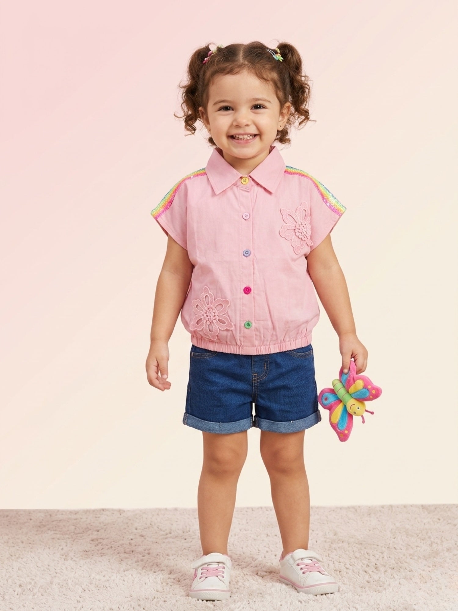 A smiling toddler girl with pigtails wearing a short-sleeve pink button-down shirt featuring colorful rainbow stripes on the shoulders, multi-colored buttons, and pink floral appliqué patches.