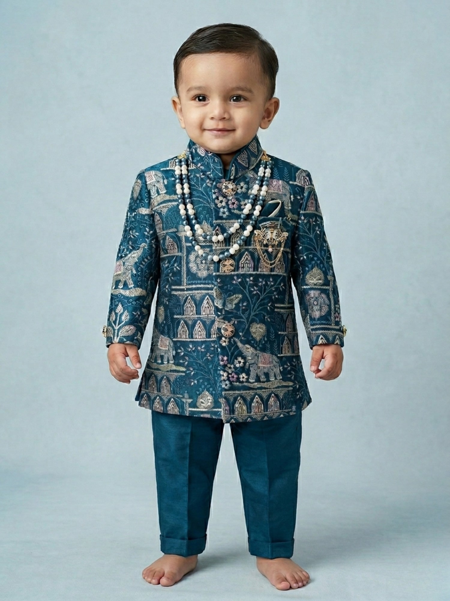 Toddler boy in a teal blue heritage print sherwani with traditional dhoti and elephant motifs.