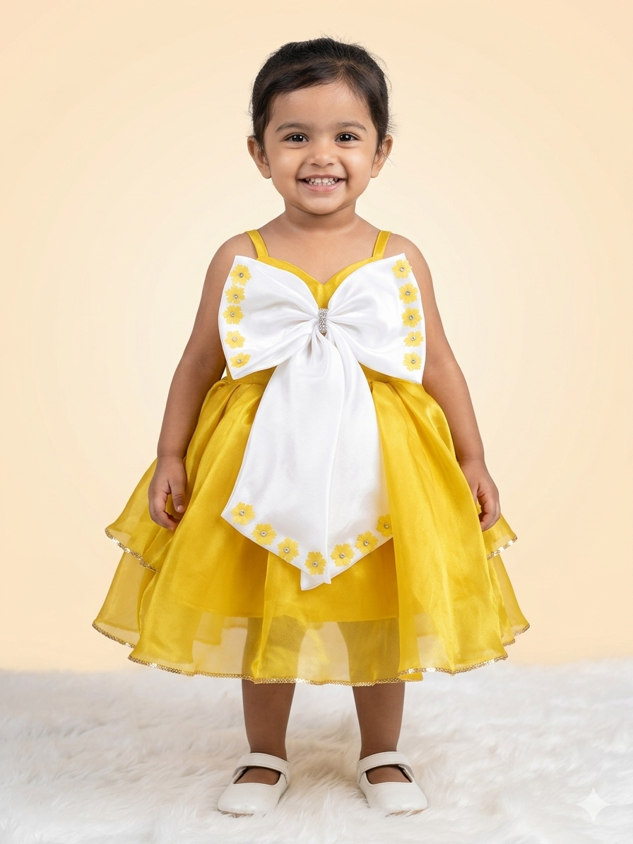 Sunshine Yellow Petal Party Dress with Oversized Satin Bow